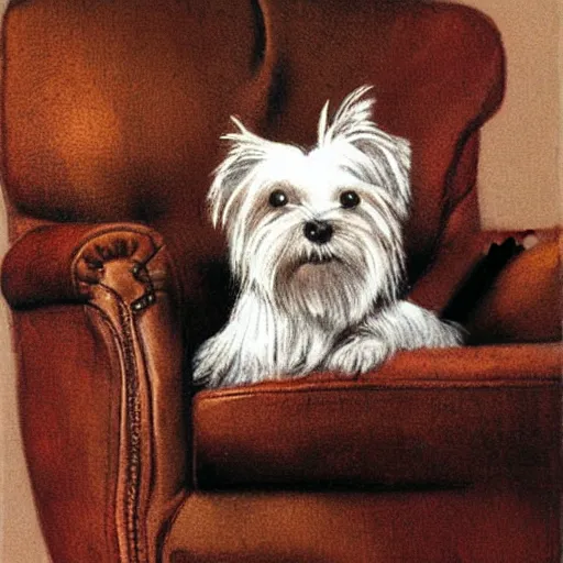 Prompt: gray Yorkie dog sitting on a white leather recliner, extremely detailed masterpiece, illustration, by Michael Sowa,