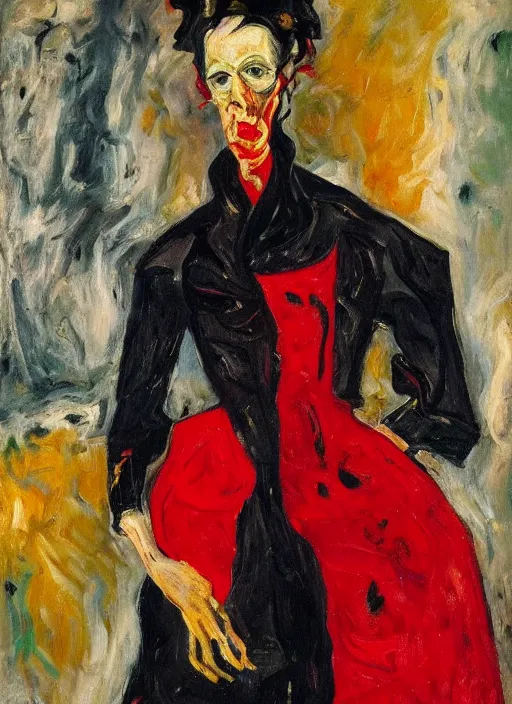 Image similar to an oil portrait of an extremely interesting looking woman in a black fury coat and red dress, a sophisticated composition, in expressive style of Chaim Soutine and Frank Auerbach and Van Gogh, complimentary palette