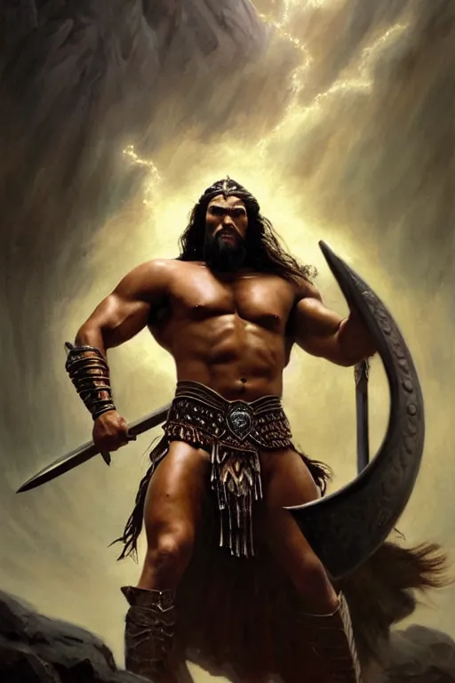 Image similar to beautiful portrait oil painting, jason momoa conan the barbarian standing in a dungeon wearing a crown and royal crimson spartan armor enthroned as the god emperor of ancient rome, muscular, action pose, frank frazetta, boris vallejo, greg rutkowski, beautiful cinematic light, low angle, thomas lawrence, greg rutkowski, high contast