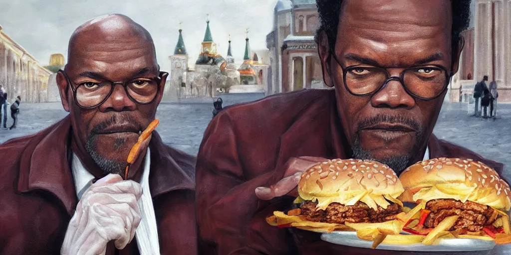 Image similar to highly detailed portrait painting of young samuel l jackson eating burger sitting on bench near moscow kremlin, balalaika, perfect symmetrical eyes, by eddie mendoza and tyler edlin, 8 k resolution