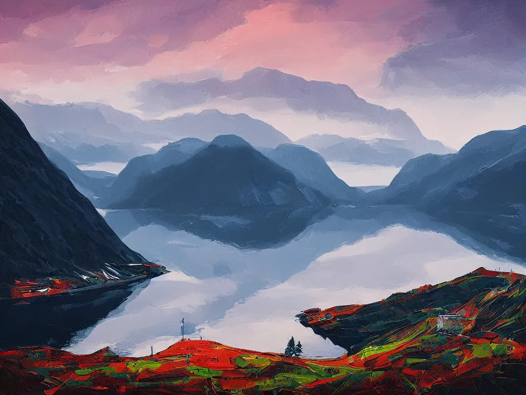 Prompt: the fjords of norway by alena aenami, petros afshar