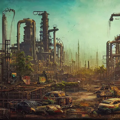 Image similar to beautiful painting of an industrial wasteland with balinese ruins and oriental decaying monuments in the style of Simon Stålenhag and H. R. Giger