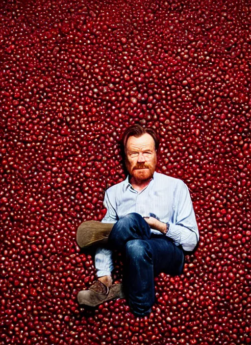 Image similar to tiny bryan cranston sitting inside a bown of cranberries, food photography, natural light, sharp, detailed face, magazine, press, photo, steve mccurry, david lazar, canon, nikon, focus