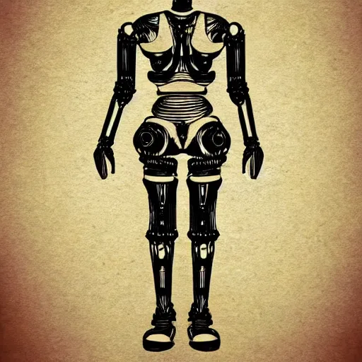 Image similar to technical drawing of ancient womanized!! humanoid robot, symmetrical, anatomically correct, old historical photo, ancient paper, photorealistic