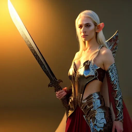 Prompt: full - body shot, cinematic movie image, beautiful hot elven female mage with a shield and a sword, ultra - hd, hcl, 1 2 - bit, ar, volumetric lighting, screen space global illumination, opaque, optics, lumen reflections, vfx, elegant, ornate, hyper realistic, super detailed, insanely detailed and intricate