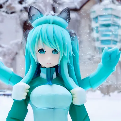 Prompt: Realistic ice sculpture of Hatsune Miku doing a cute pose outside, ice sculpture, outside, snow, winter, high definition