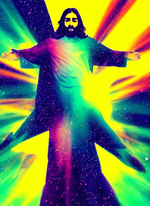 Image similar to Jesus Christ flying in space, dynamic lighting, +++++++++++ super super dynamic dynamic pose, glitch effect, colorful, space, starry night, intense, 20k