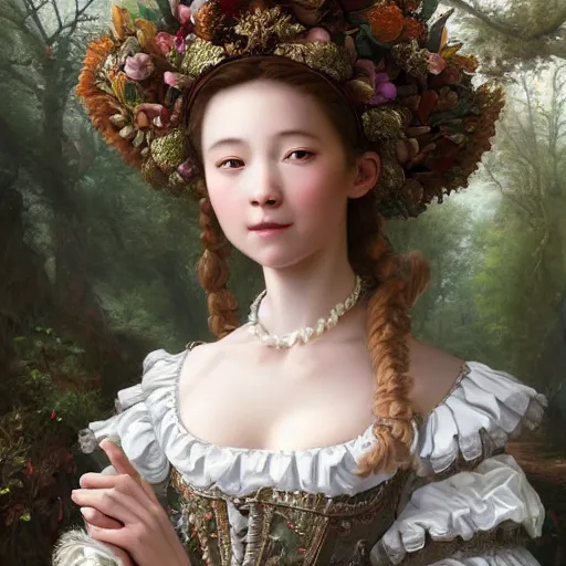 Image similar to A masterpiece ultrarealistic ultradetailed portrait of a Incredibly beautiful maid baroque renaissance girl with Giant shinig Diamond in the forest. medium shot, intricate, elegant, highly detailed. trending on artstation, digital art, by Stanley Artgerm Lau, WLOP, Rossdraws, James Jean, Andrei Riabovitchev, Marc Simonetti, Yoshitaka Amano. background by James Jean and Gustav Klimt, light by Julie Bell, 4k, porcelain skin.