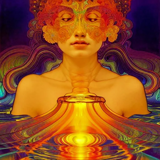 Prompt: transcendent bodhisattva mind bending psychedelic waves of glossy liquid honey flowing like kaleidoscopic translucent amber, lsd waves, honey ripples, enlightenment, high contrast lighting, refracted sunset, highly detailed, concept art, art by collier, albert aublet, krenz cushart, artem demura, alphonse mucha