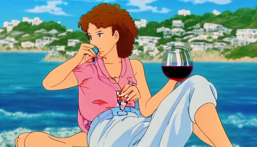 Prompt: 1 9 8 6 movie screencap of a girl with a glass of wine on costa blanca, gucci clothes, studio ghibli sky, beautiful beach background extremely ultra detailed artwork 8 k