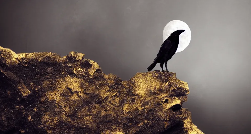 Image similar to fantasy wallpaper of a crow in moon shine, view from the top, black-golden color-theme, cinematic, stunning digital art, extremly high detail