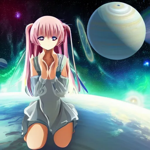 Prompt: A gigantic anime girl terraforming a planet