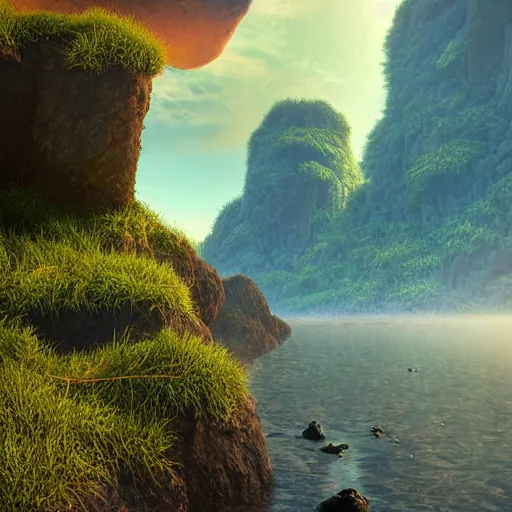 Prompt: digital art of a lush natural scene on an alien planet. beautiful landscape. weird vegetation. cliffs and water. grainy and rough. soft interesting colour palette. beautiful light. high quality render.