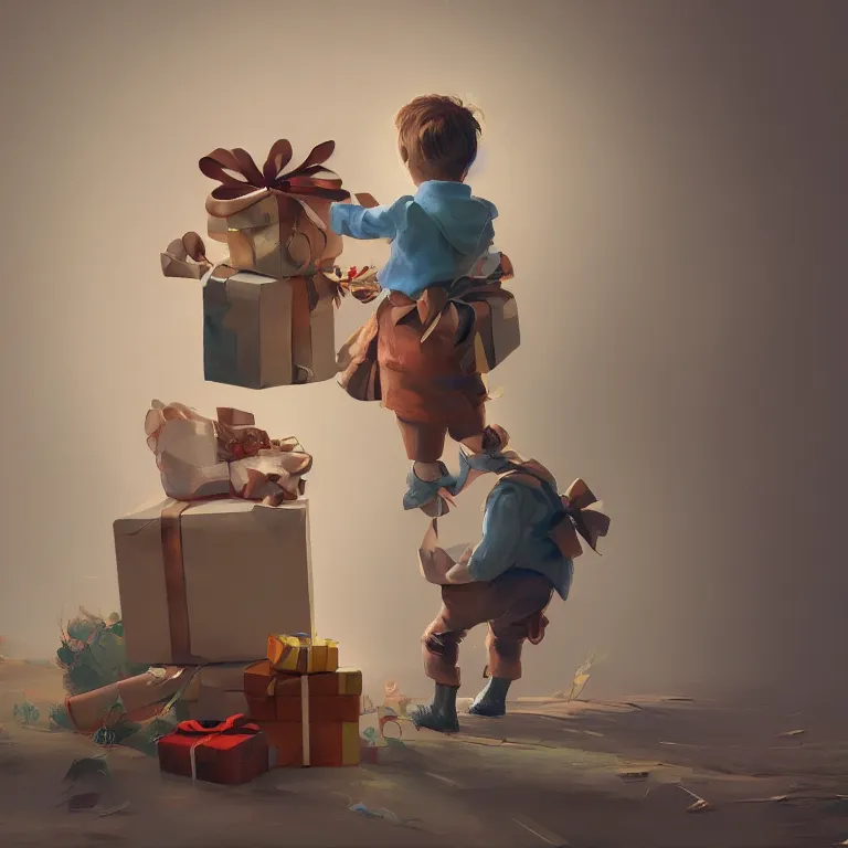 Image similar to a cute boy with a giftbox with bow and ribbon in a painting from stalenhag, 4 k, 8 k, hdr, artstation, concept art