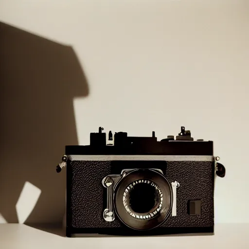 Image similar to a bright color photography of a completely black ethnographic object in a white room, leica m 6