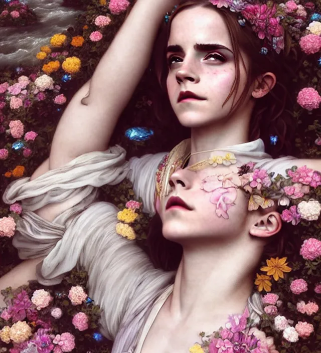 Prompt: emma watson baroque portrait of one steampunk bohemian geisha woman of porceline skin lying down in a river made of thousand of flowers, cinematic lighting, photorealistic, octane render, 8 k, depth of field, art by artgerm and greg rutkowski and alphonse mucha and uang guangjian