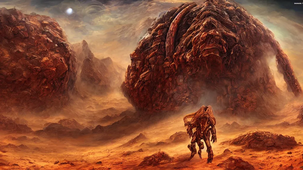 Prompt: MuscularAlien on the planet Mars” Deep Dream, Digital art, concept art, detailed, lovely colors, Art station,3-D 4K, beautiful background, matte painting, Giger, Anne Stokes, Jim Burns,