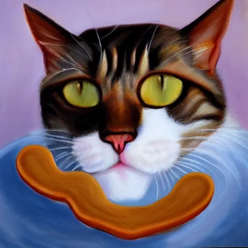 Image similar to realistic oil painting of a cat with a cookie on one paw