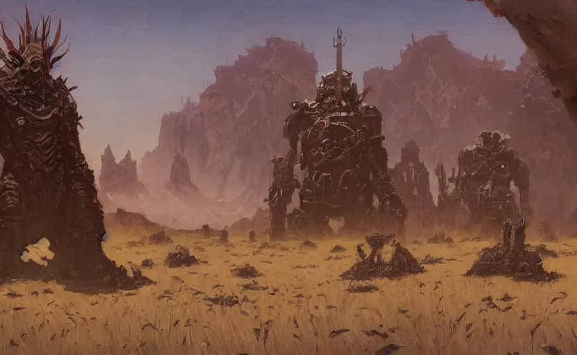 Prompt: flat wastelands, isolated rock spikes, greg rutkowski, brom, james gurney, mignola, craig mullins, alan lee, gustave mucha