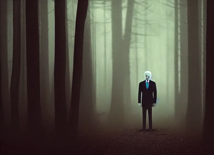 Image similar to joe biden as slenderman in forest, creepy joe biden, tall trees, night, creepy, horror, movie still, dark, haunted, cinematic lighting, ray tracing, octane render, long lens, shallow depth of field, bokeh, anamorphic lens flare, 8 k, hyper detailed, 3 5 mm film grain