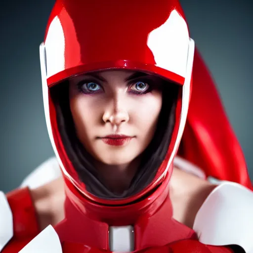 Image similar to headshot of an beautiful female soldier in glossy sleek white armor with tiny red details and a long red cape, downward angle, determined expression, on the surface of mars, night time, dramatic lighting, cinematic, sci-fi, hyperrealistic