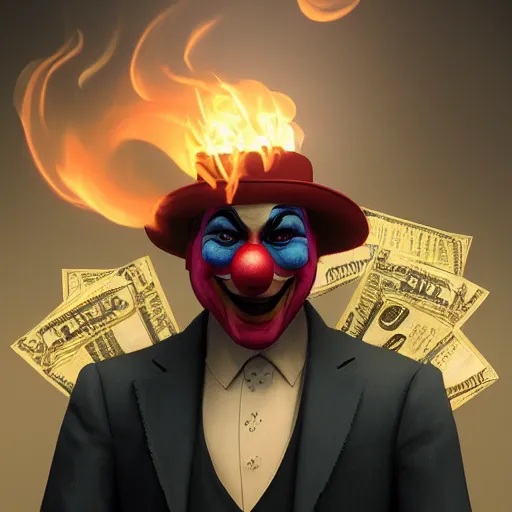 Prompt: epic portrait a clown masked man in a suit burning stack of cash, glowing, steam digital painting, artstation, concept art, soft light, hdri, smooth, sharp focus, illustration, fantasy, intricate, elegant, highly detailed, D&D, matte painting, in the style of Greg Rutkowski and Alphonse Mucha and artemisia, 8k, highly detailed, jurgens, rutkowski, bouguereau, pastoral, rustic, georgic