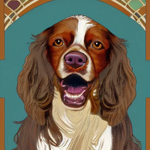 Prompt: portrait of happy laughing brown cockerspaniel with a background in the style of mucha. 4 k. detailed. colorful