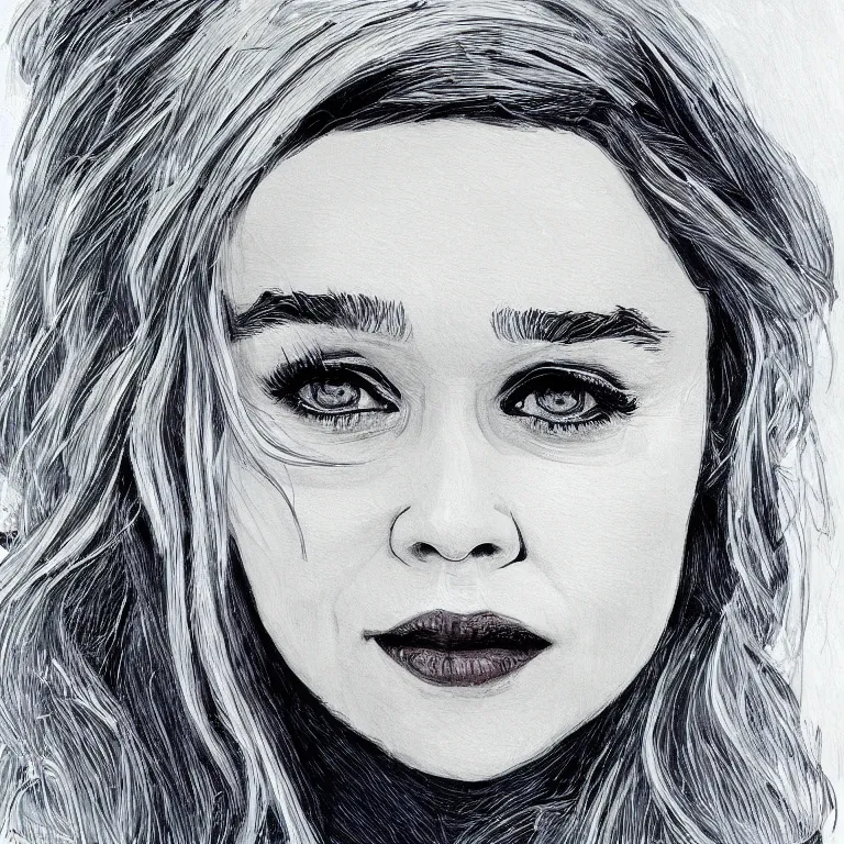 Image similar to an amaze - art painting of emilia clarke using single line in style of geoff slater, amaze art, smiling face