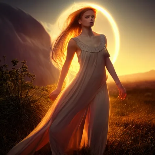 Image similar to photographic portrait of a stunningly beautiful female alchemist with spells in soft dreamy light at sunset, contemporary fashion shoot, by edward robert hughes, annie leibovitz and steve mccurry, david lazar, jimmy nelsson, breathtaking, 8 k resolution, extremely detailed, establishing shot, artistic, hyperrealistic, perfect face, octane render