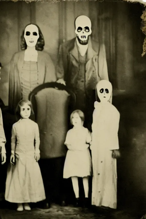 Prompt: an unsettling old family photograph, anxious people standing in a large haunted house, phantom ghosts in the background, cinematic, horror, photorealistic, vintage,