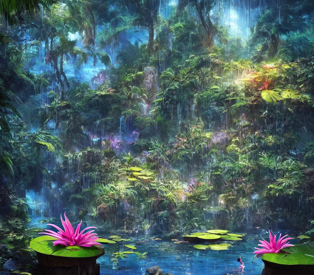 Image similar to detailed fantastic giant lily in a tropical pond by artstation bruce pennington, bas - relief, dark night, neon lights, reflections ray, tracingstar trails, dramatic light, fluffy clouds, digital painting, igh detailed, 8 k render, perfect shape, hyperrealistic