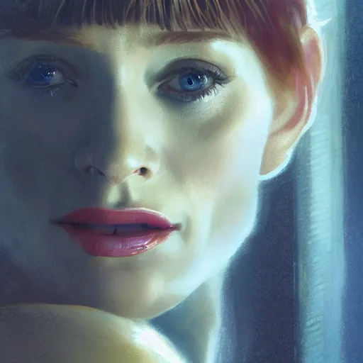 Image similar to an portrait of bryce dallas howard as a replicant from blade runner, detailed, centered, digital painting, artstation, concept art, donato giancola, joseph christian leyendecker, wlop, boris vallejo, breathtaking, 8 k resolution, extremely detailed, beautiful, establishing shot, artistic, hyperrealistic, beautiful face, octane render