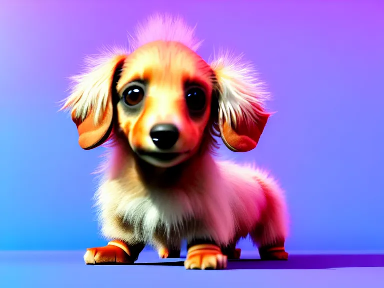 Image similar to high quality 3 d render hyperrealist very cute fluffy dachshund dog, plush mascot, long spiky fluffy smooth hair, photo from the side, multi pastel colors, vray, smooth background, artstation, ultra detailed
