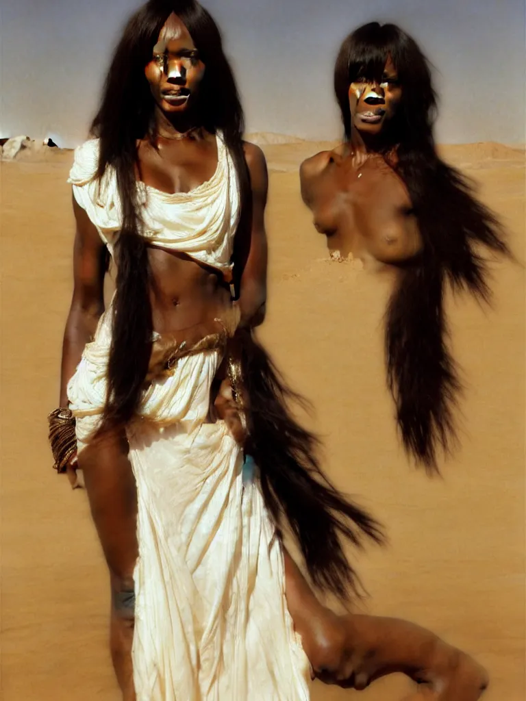 Prompt: Portrait of Naomi Campbell in the Libyan desert, white skirt and barechest, intricate, elegant, highly detailed, artstation, concept art, intricate, highly detailed, sharp focus, ruan jia, jurgens, orientalism, bouguereau