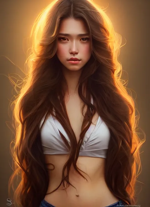 Image similar to a gorgeous female with long brown hair in the style of stefan kostic, realistic, full body shot, wide angle, sharp focus, 8 k high definition, insanely detailed, intricate, elegant, art by stanley lau and artgerm, floating embers