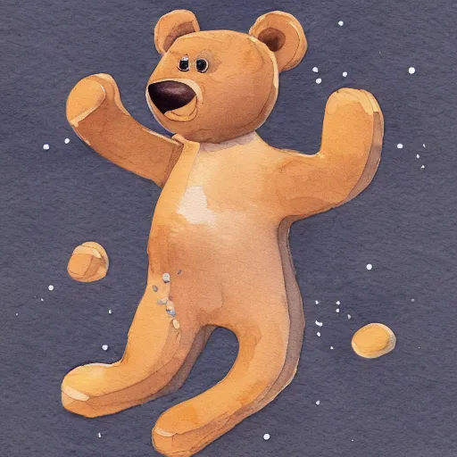 Prompt: man transforming into teddy bear afraid fear watercolor children's illustration