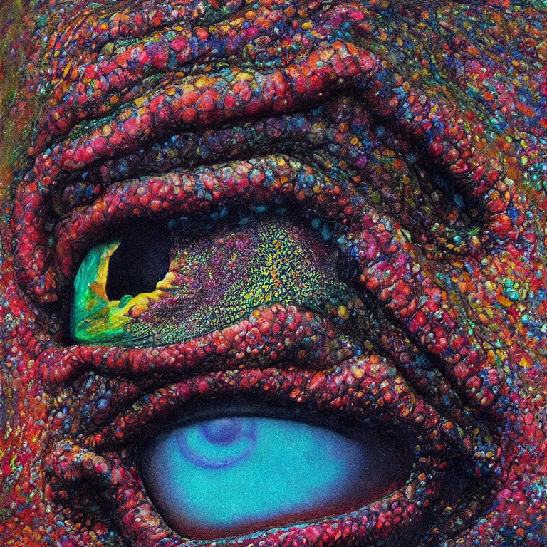 Prompt: Hyperrealistic intensely colored close up studio Photograph portrait of a deep sea bioluminescent Jon Hamm covered in chromatophores and scales, symmetrical face realistic proportions eye contact, Staring intensely with golden eyes sitting on a Rock underwater, award-winning portrait oil painting by Norman Rockwell and Zdzisław Beksiński vivid colors high contrast hyperrealism 8k