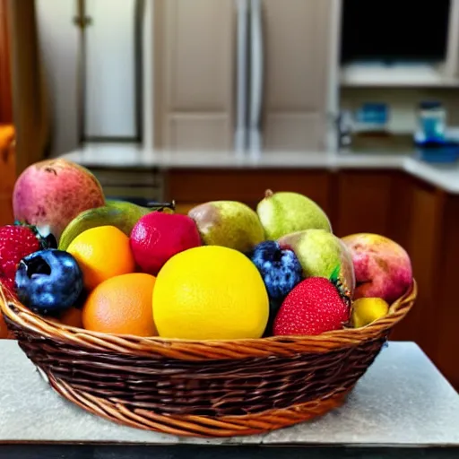 Prompt: a fruit basket on top of a kitchen table, fish-eye
