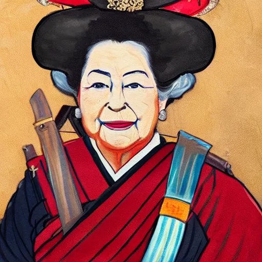 Image similar to a beautiful painting of old queen elizabeth ii dressed as japanese samurai with katana, realistic, portrait, full body, hd, 8 k, 4 k,