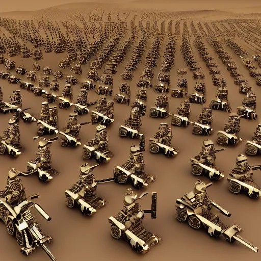 Image similar to army of army of metallic robots in desert, raytracing, 5 5 mm