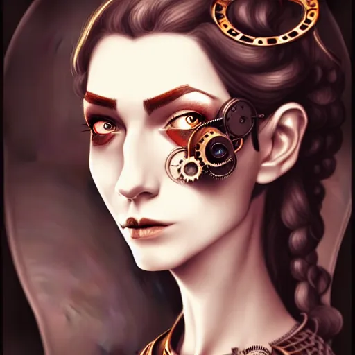 Image similar to character concept portrait of a steampunk woman with pale face, intricate, elegant, digital painting, concept art, smooth, sharp focus, illustration,