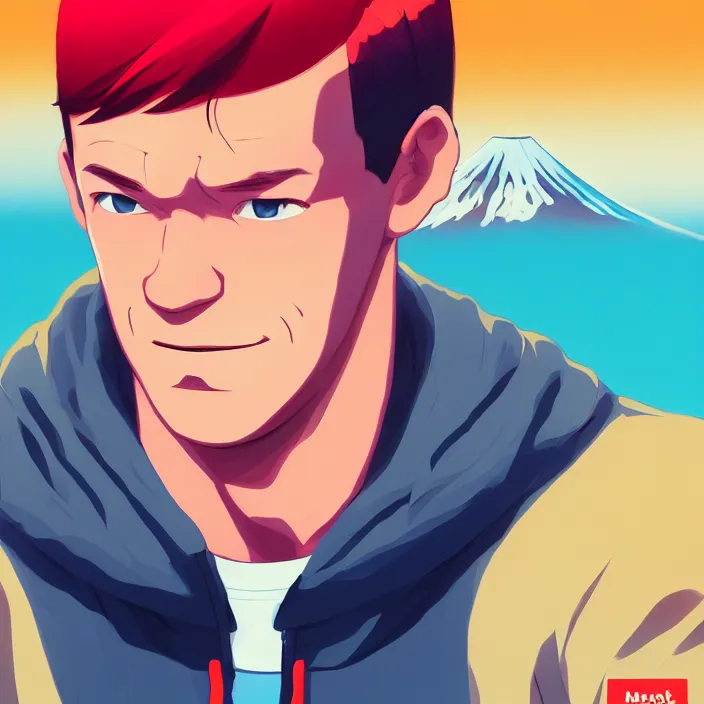 Image similar to portrait of john cena, mount fuji background, rich vivid colors, ambient lighting, dynamic lighting, 4 k, hq, official media, anime key visual, makoto shinkai, ilya kuvshinov, lois van baarle, rossdraws, detailed, trending on artstation