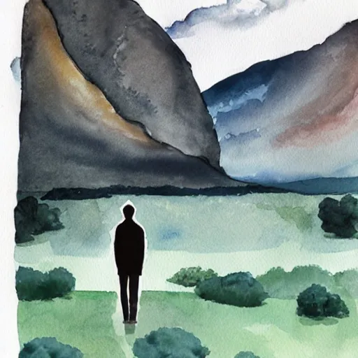 Image similar to sad man, watercolor, epic scenery, sad, depression