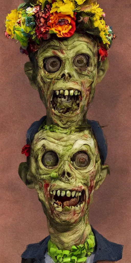 Image similar to portrait of a zombie punk, head made of fruit and flowers in the style of arcimboldo, photorealistic, dynamic lighting, action figure, clay sculpture, claymation, soft multicolor background