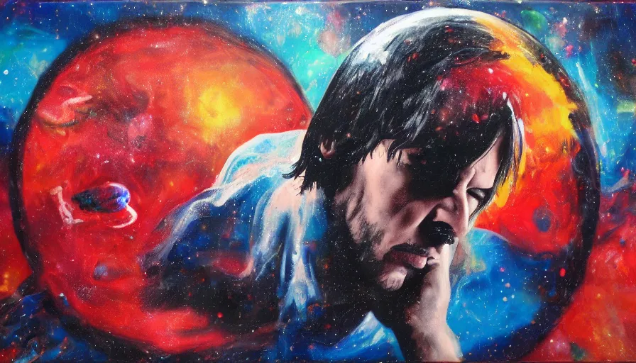 Image similar to Keanu reeves floating in space with a distressed look on his face, acrylic paint on canvas,