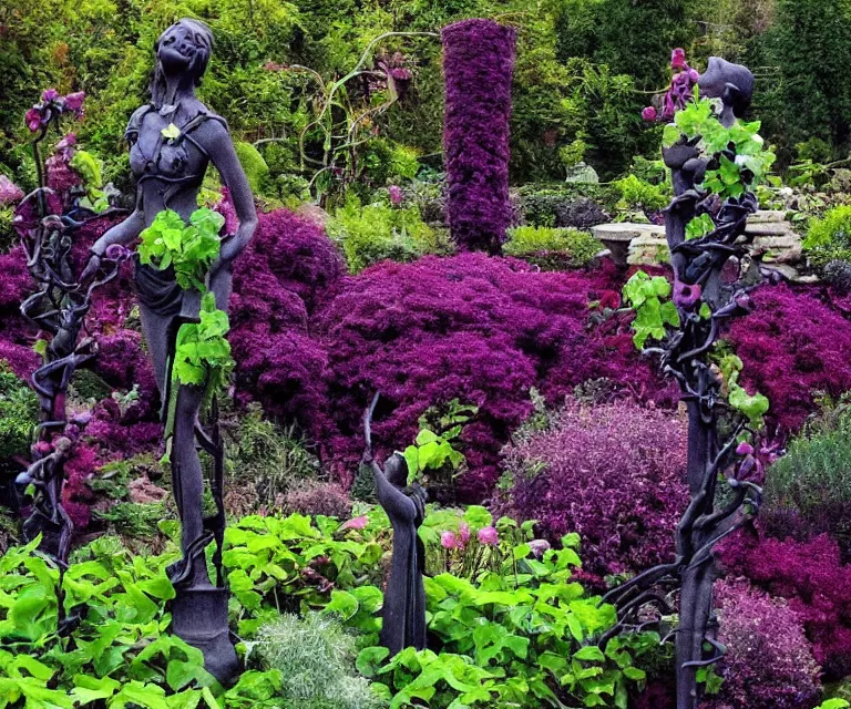 Image similar to fantasy garden, purple vines, black roses, black thorns, eerie, old statues