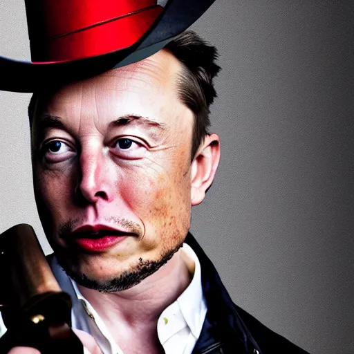 Image similar to photo of elon musk as a musketeer, he has a big black hat with a red feather, he is holding a shiny rapier sword and he is looking straight to the camera, gray background, studio lighting, 4 k, 8 k