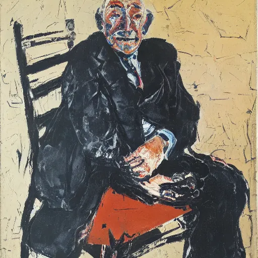 Image similar to painting of an old man sitting on a chair, waiting, by georg baselitz