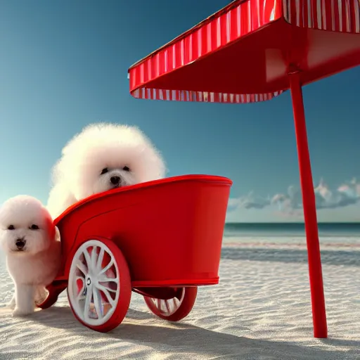 Image similar to a photorealistic photograph of a smiling white Bichon Frisé puppy pulling a little red wagon full to the brim with french fries during sunset at the beach Trending on Artstation, featured on Behance, well-rendered, Unreal Engine, 4K HD