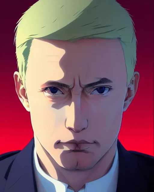 Image similar to portrait Anime guy as Putin. fine-face, pretty face, realistic shaded Perfect face, fine details. Anime. realistic shaded lighting by Ilya Kuvshinov katsuhiro otomo ghost-in-the-shell, magali villeneuve, artgerm, rutkowski, WLOP Jeremy Lipkin and Giuseppe Dangelico Pino and Michael Garmash and Rob Rey in official suit